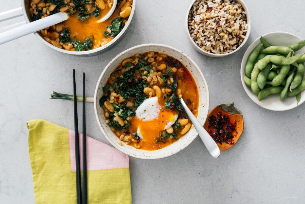 Spicy Chili Crisp White Bean and Barley Stew with Kale and Eggs | www.iamafoodblog.com
