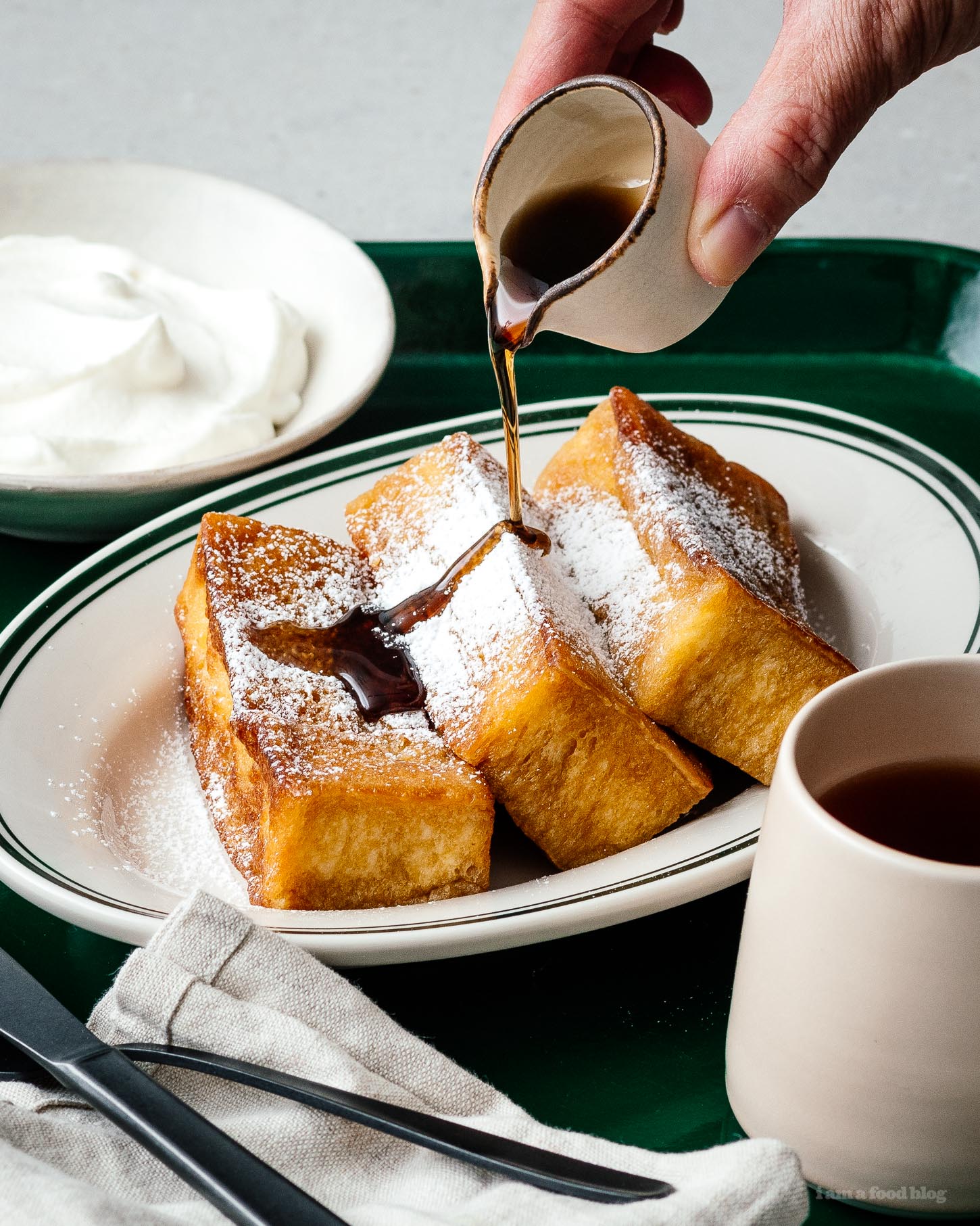 This Japanese tamagoyaki-inspired french toast is soft and custardy on the inside and crisp on the outside. The perfect combination of sweet and savory! | www.iamafoodblog.com